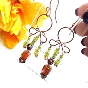 artisan 628#mfs bohemian glass fringe earrings copper earrings fireglazed amber